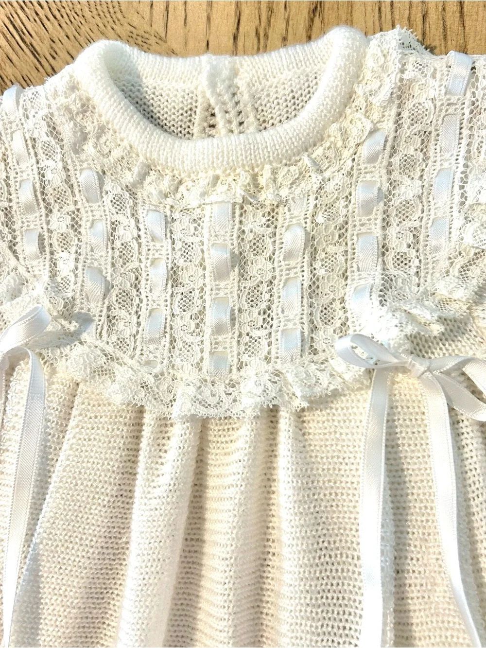 VTG 60’s 70’s White Knit Baby Dress Lace Satin Ribbon 12-18 Months?